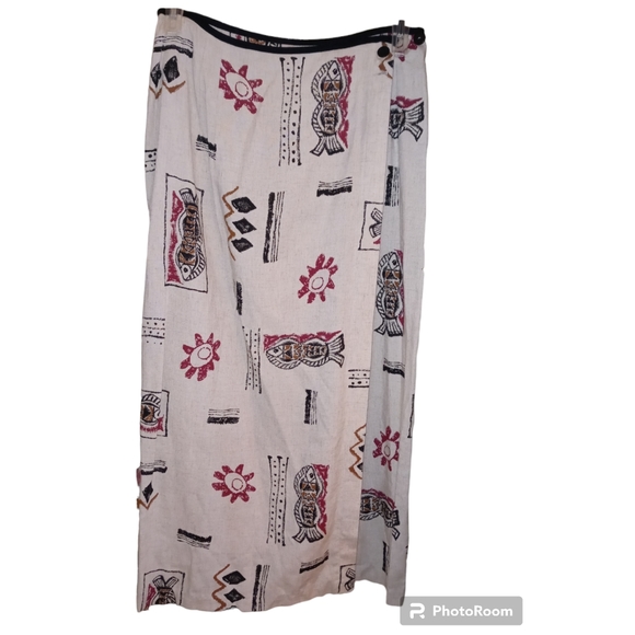 Linen Flax Blend RED n BLACK Long Wrap Skirt Sarong Size 14 Aztec Tribal Print● - Picture 7 of 12